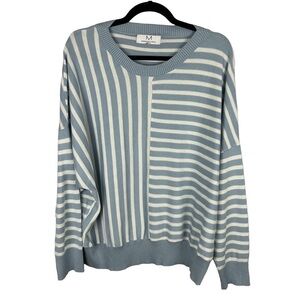 Magaschoni Casual Striped Batwing Sleeve Round Neck Sweater XL Blue and White